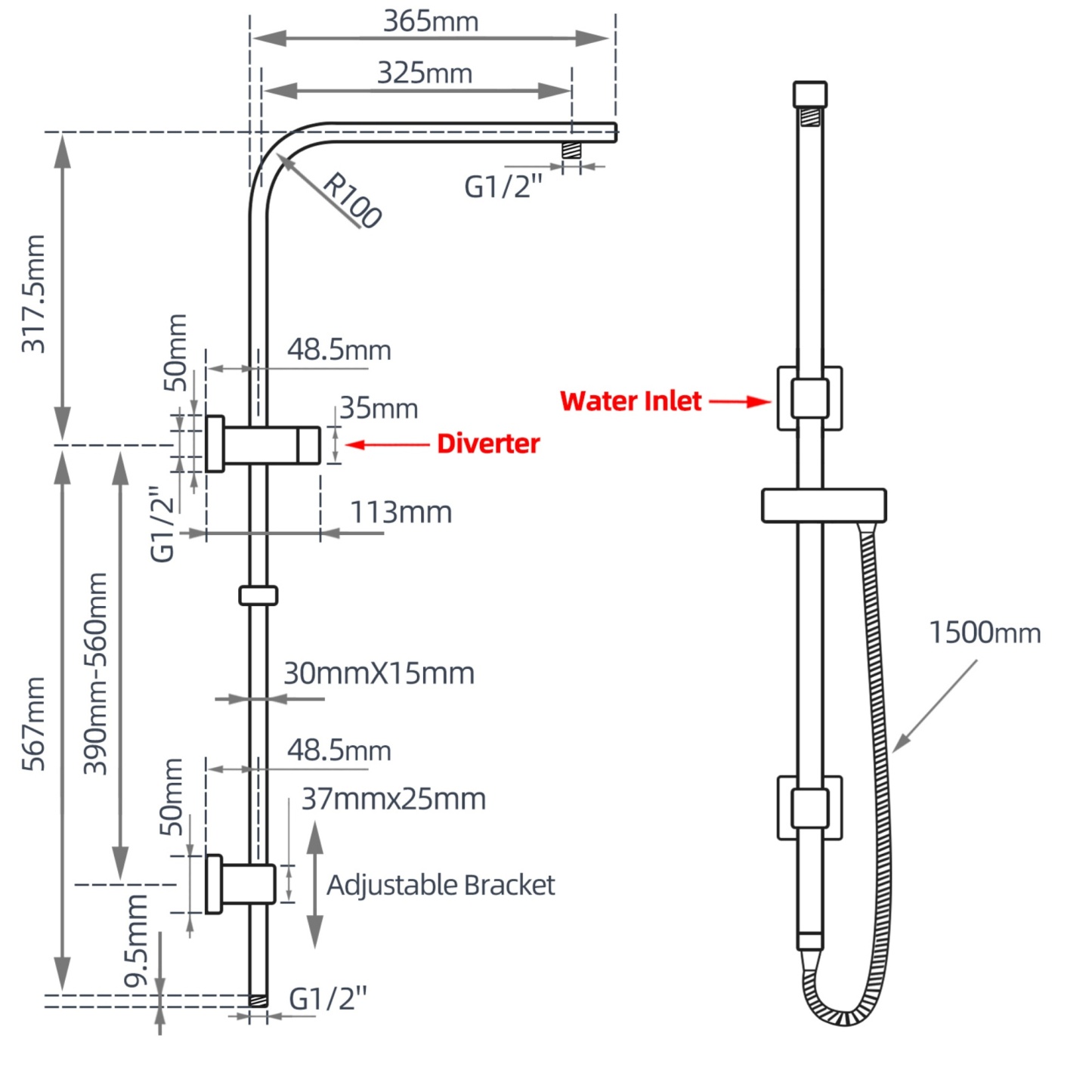 Bathroom Square Twin Rail Shower Body Sliding Rail Gooseneck Wall Arm Diverter 1.5m Shower Hose Chrome/Black