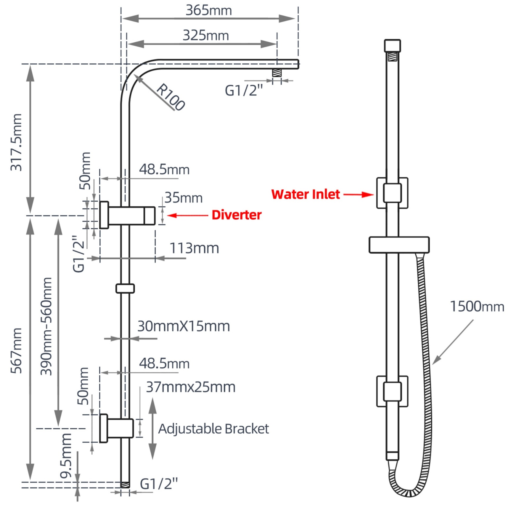 Bathroom Square Twin Rail Shower Body Sliding Rail Gooseneck Wall Arm Diverter 1.5m Shower Hose Chrome/Black