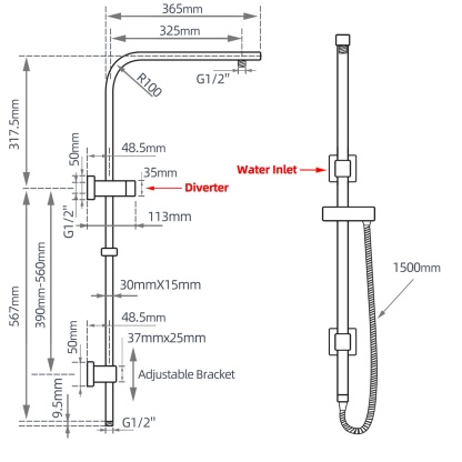 Bathroom Square Twin Rail Shower Body Sliding Rail Gooseneck Wall Arm Diverter 1.5m Shower Hose Chrome/Black
