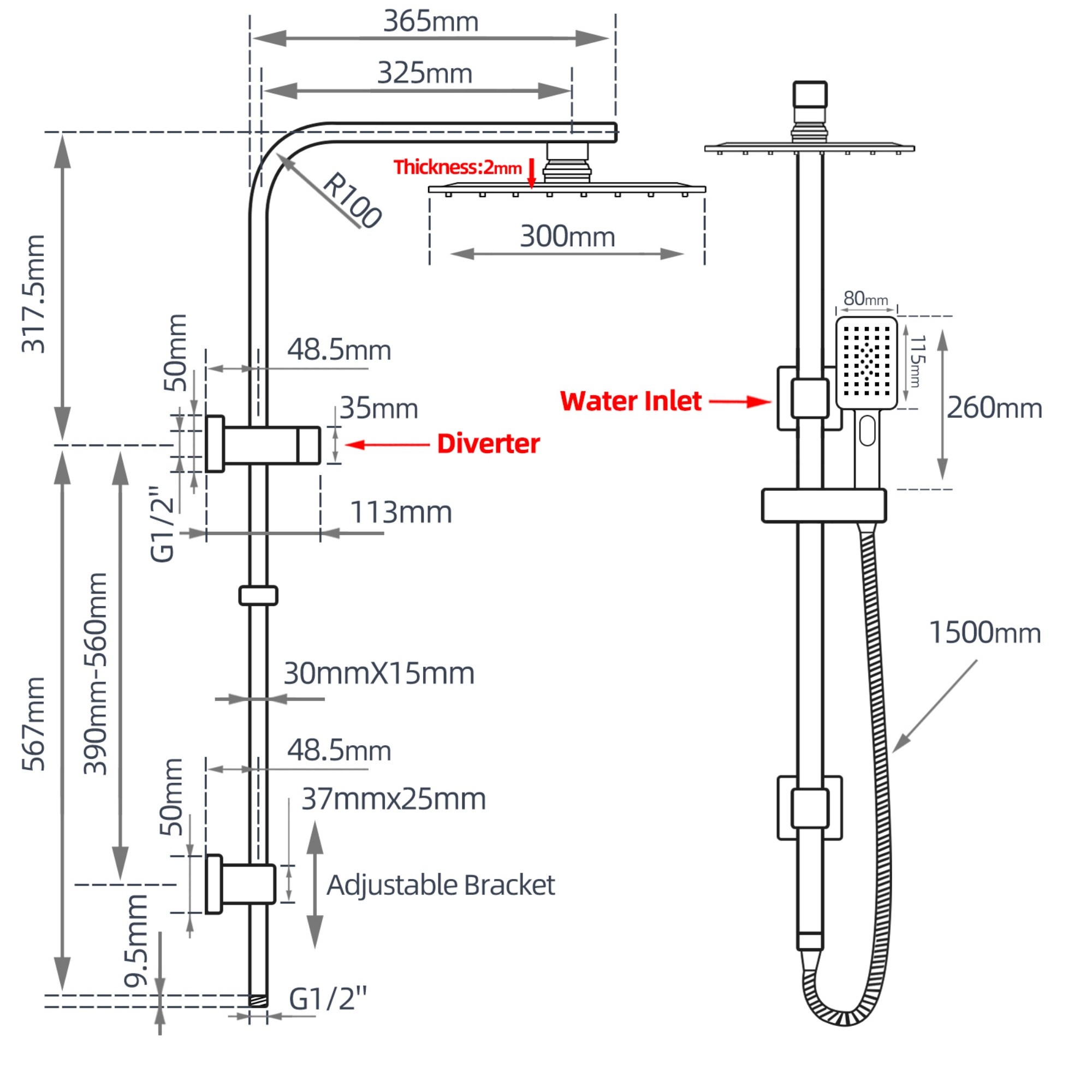 12'' Bathroom Square Rainfall Twin Shower Set 300mm Super Thin Overhead Shower Head 3 Function Hand-held Shower Rose Gooseneck Shower Arm Gooseneck Twin Shower