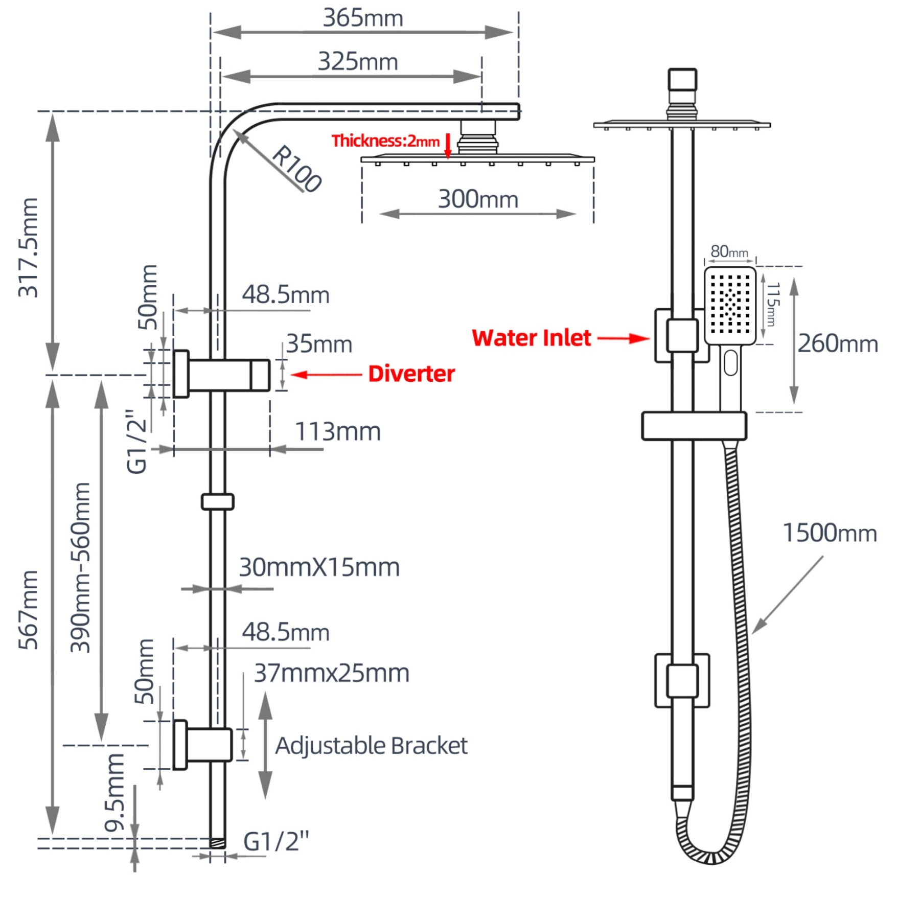 12'' Bathroom Square Rainfall Twin Shower Set 300mm Super Thin Overhead Shower Head 3 Function Hand-held Shower Rose Gooseneck Shower Arm Gooseneck Twin Shower