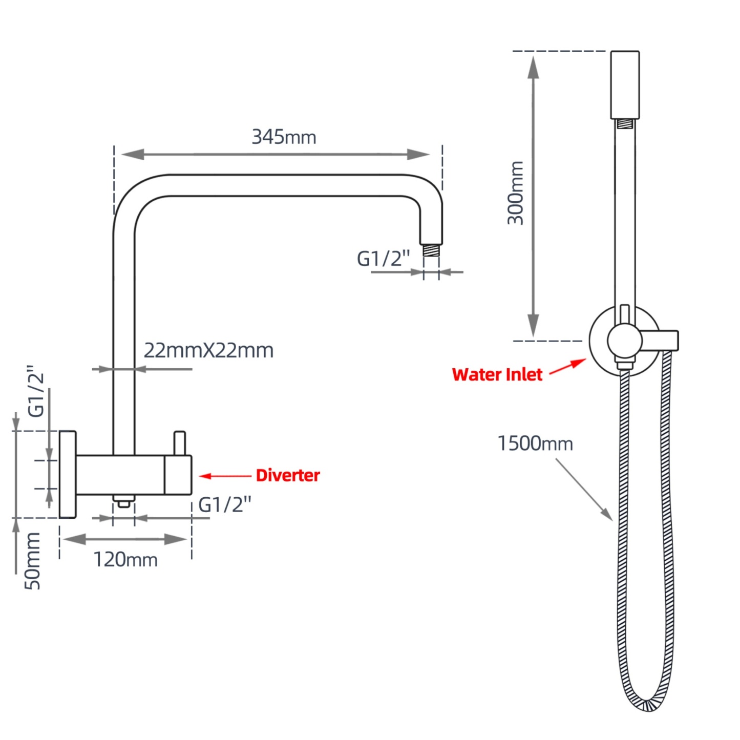 Chrome Twin Rail Shower Body Round Gooseneck Shower Wall Arm 1.5m Water Hose