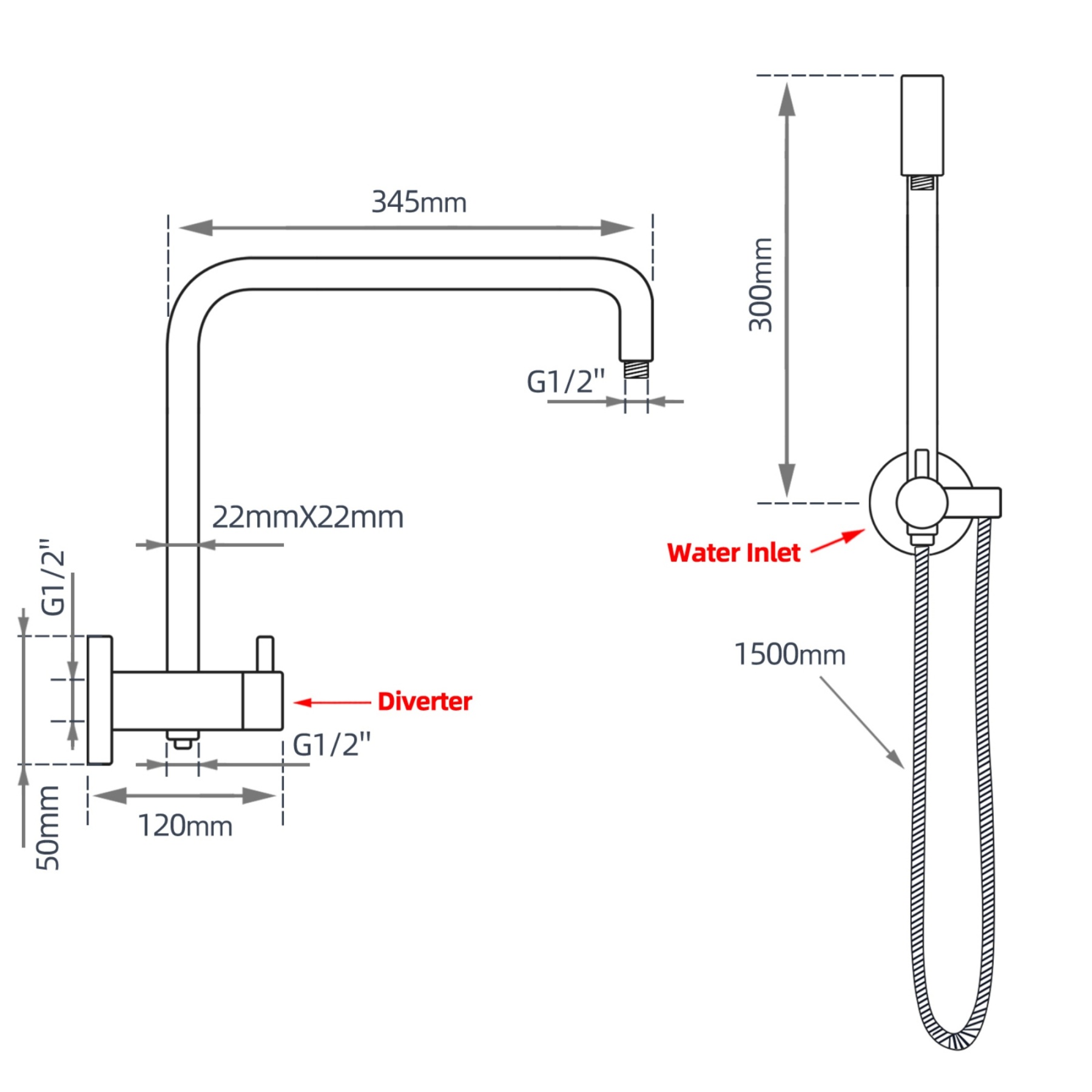 Chrome Twin Rail Shower Body Round Gooseneck Shower Wall Arm 1.5m Water Hose