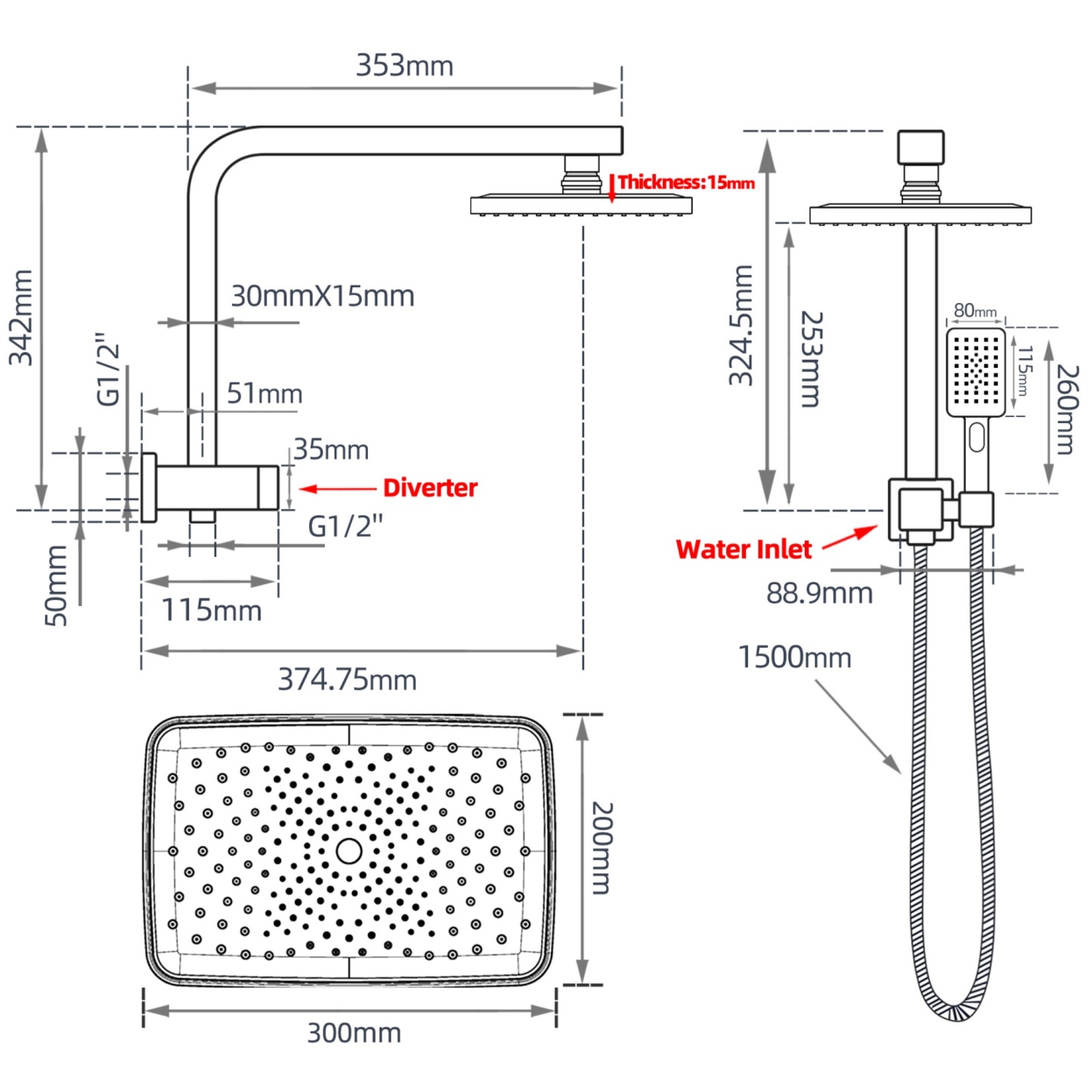 Rectangle 12“ Rainfall Shower Head Set Chrome Twin Shower 3 Function Hand-held Shower Head Shower Arm