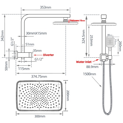 Rectangle 12“ Rainfall Shower Head Set Chrome Twin Shower 3 Function Hand-held Shower Head Shower Arm
