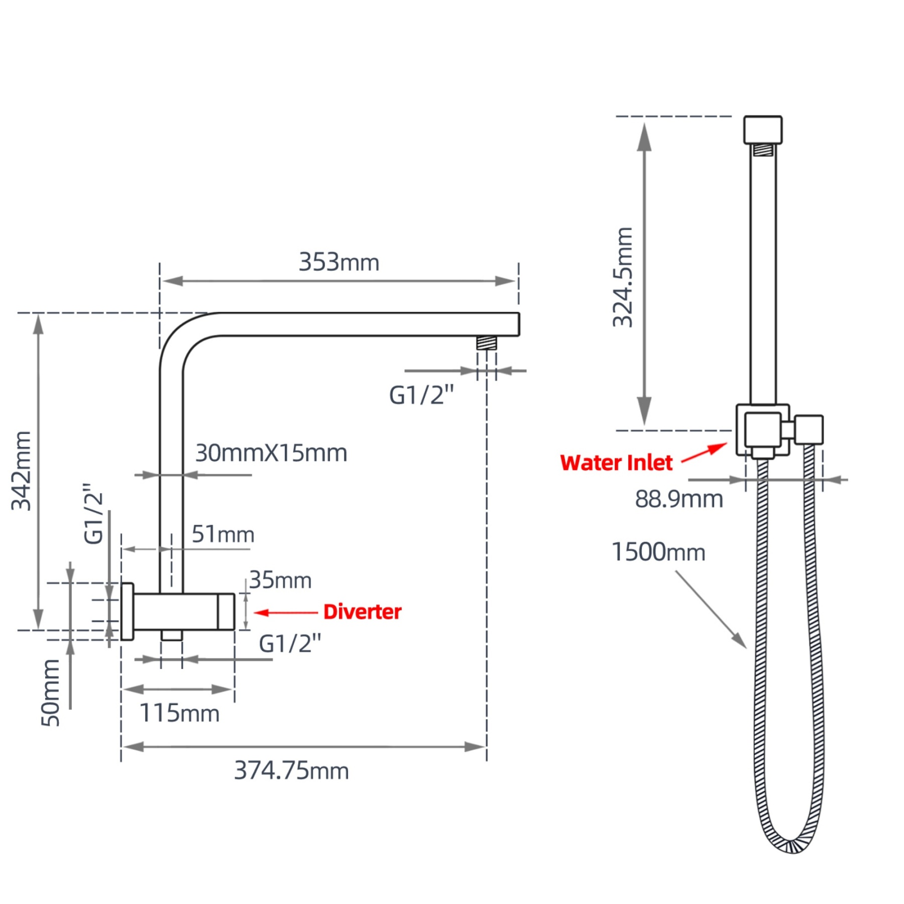 Square Twin Shower Head Rail Body Gooseneck Wall Arm Diverter 1.5m Water Hose Black/Chrome