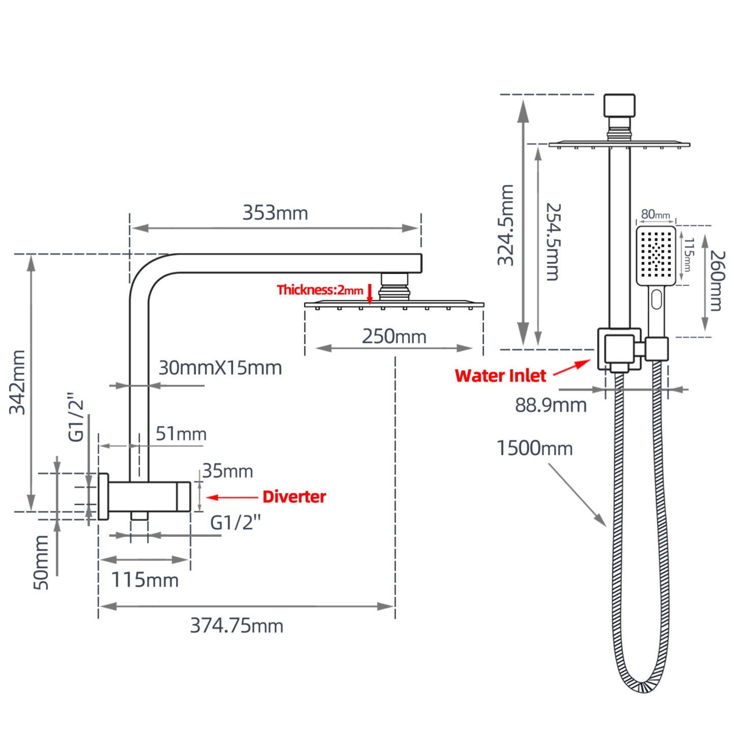 10“ Rectangle Rainfall Twin Shower Set Super Thin Overhead Shower Head 3 Function Hand-held Shower Rose Gooseneck Shower Arm Chrome/Black