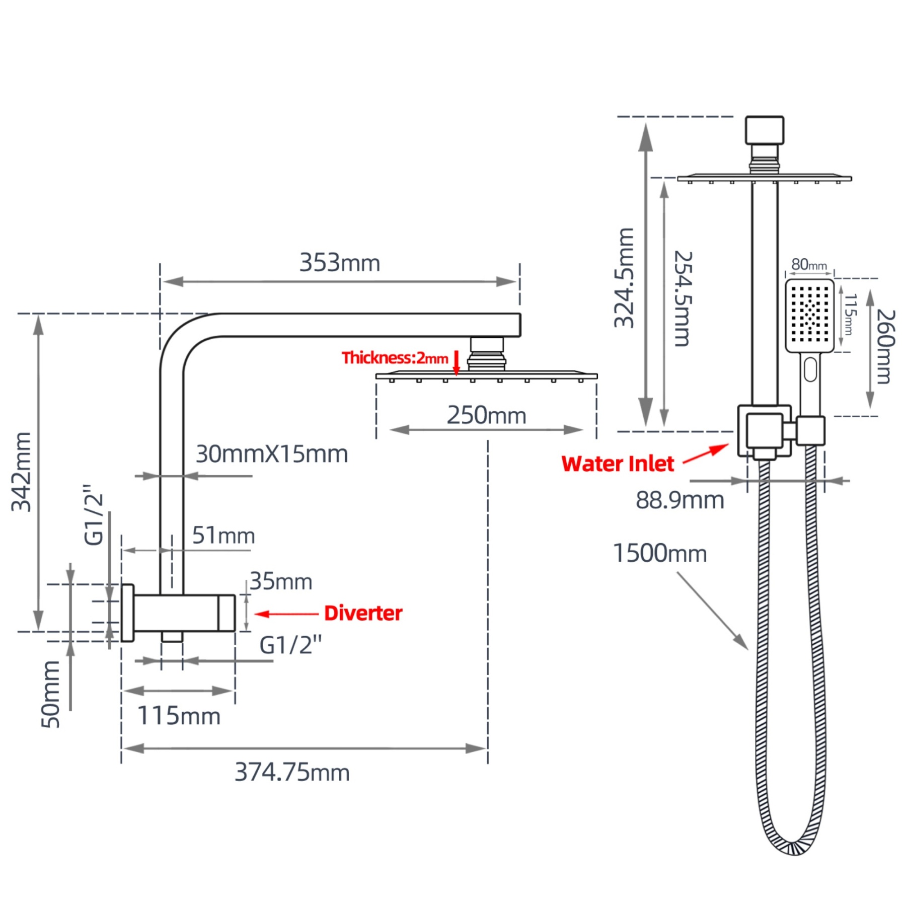 10“ Rectangle Rainfall Twin Shower Set Super Thin Overhead Shower Head 3 Function Hand-held Shower Rose Gooseneck Shower Arm Chrome/Black