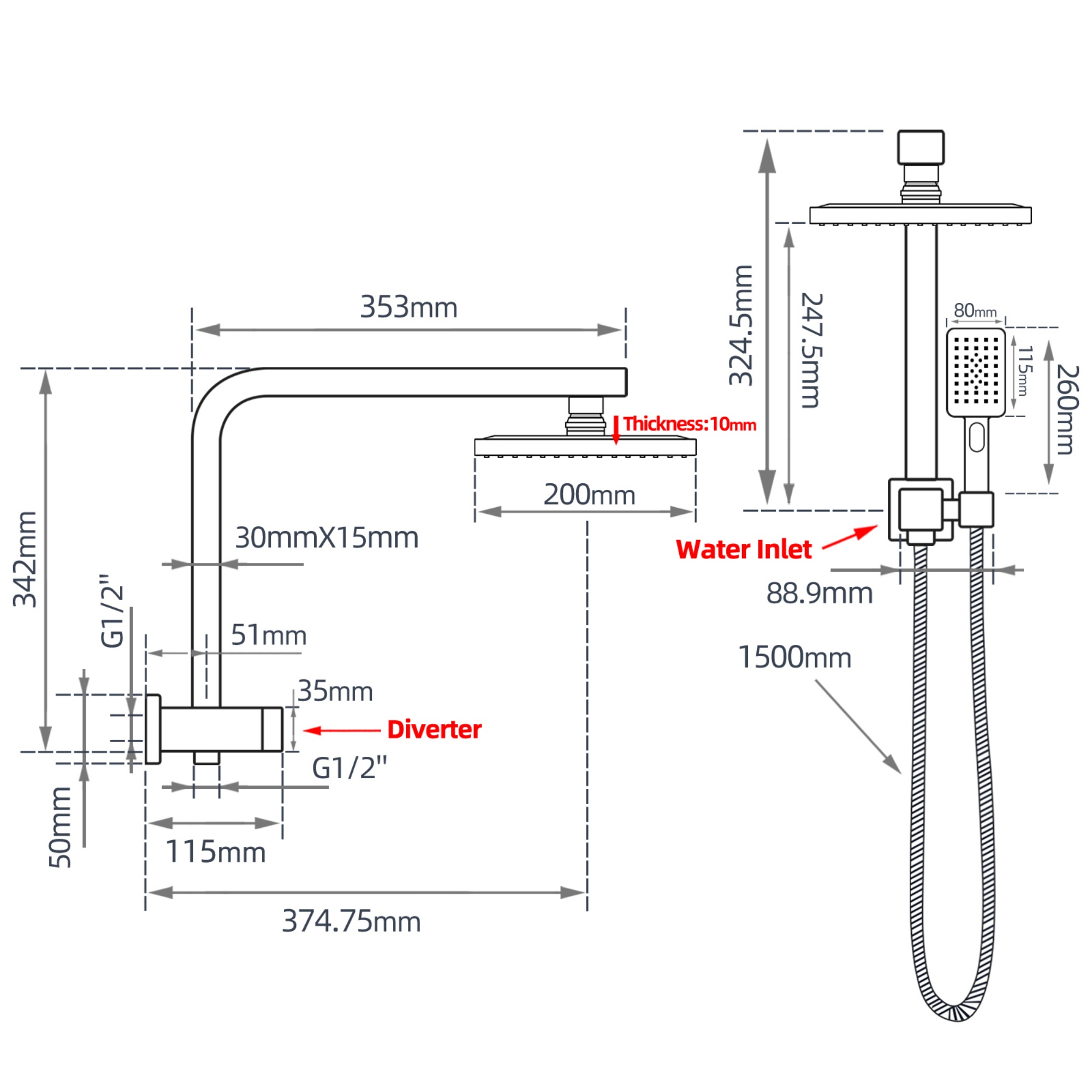 200mm 8'' Square Rainfall Shower Head Set Bathroom Twin Shower Handheld Diverter 3 Function Handheld Shower Head Gooseneck Shower Arm Chrome/Black/Gunmetal Grey