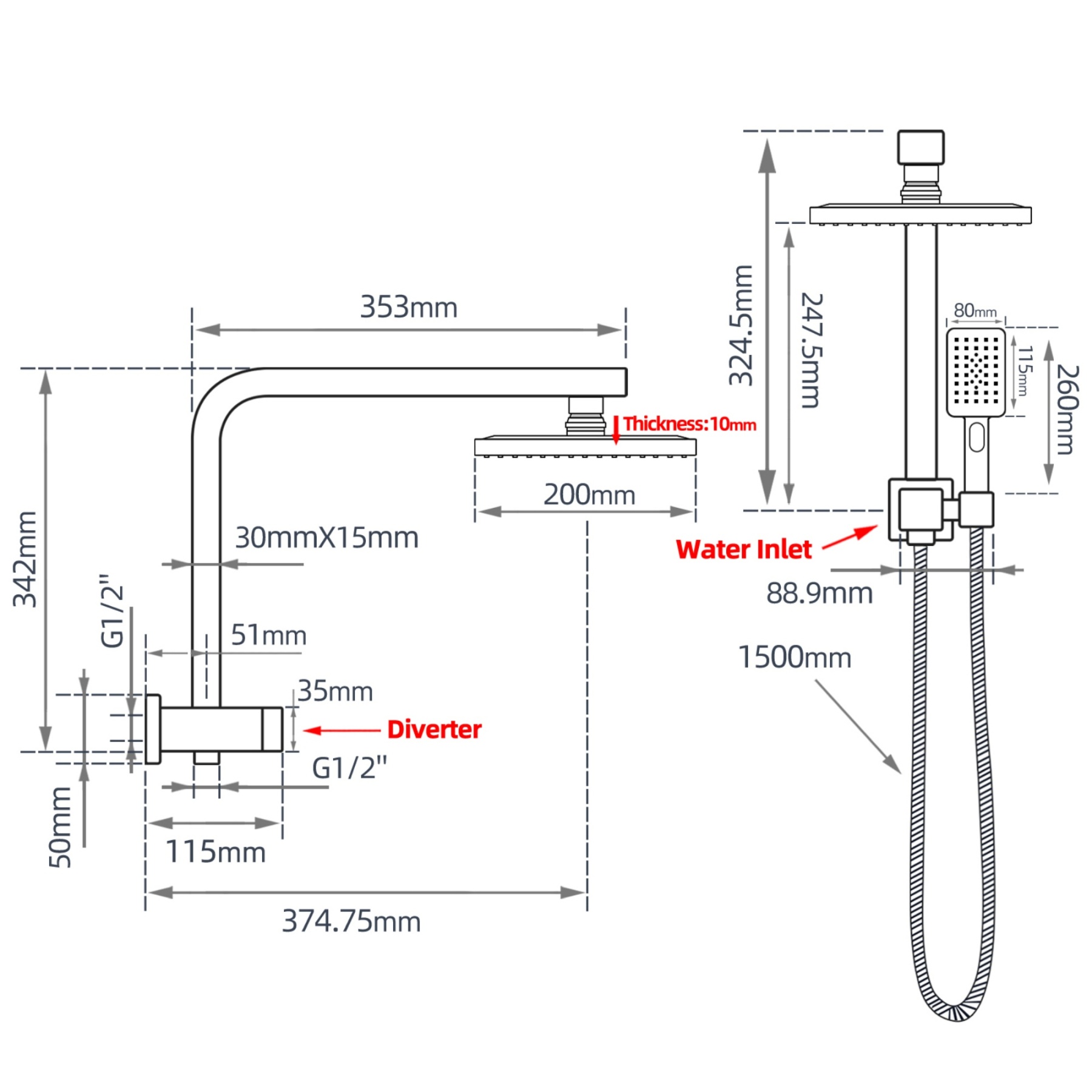 200mm 8'' Square Rainfall Shower Head Set Bathroom Twin Shower Handheld Diverter 3 Function Handheld Shower Head Gooseneck Shower Arm Chrome/Black/Gunmetal Grey
