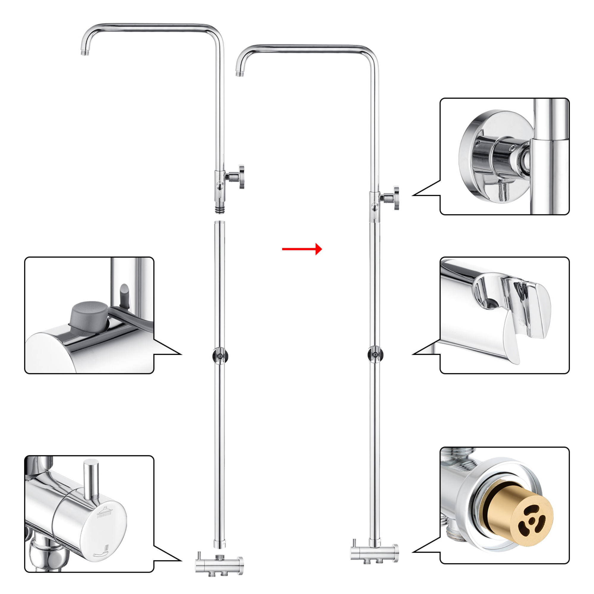 Bathroom Wall Mounted Round Gooseneck Adjustable Twin Shower Rail Body Wall Arm Shower Hose Diverter Sliding Rail Chrome/Matte Black