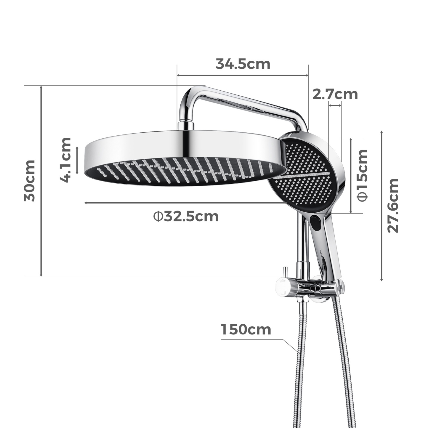 13'' Round Bathroom Rainfall Shower Head Set Gooseneck Shower Arm Diverter 4 Function High Pressure Handheld Shower Head Rose Chrome/Black