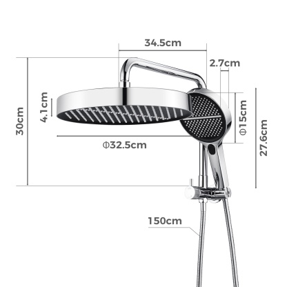 13'' Round Bathroom Rainfall Shower Head Set Gooseneck Shower Arm Diverter 4 Function High Pressure Handheld Shower Head Rose Chrome/Black