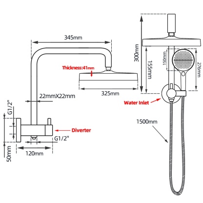 13'' Round Bathroom Rainfall Shower Head Set Gooseneck Shower Arm Diverter 4 Function High Pressure Handheld Shower Head Rose Chrome/Black