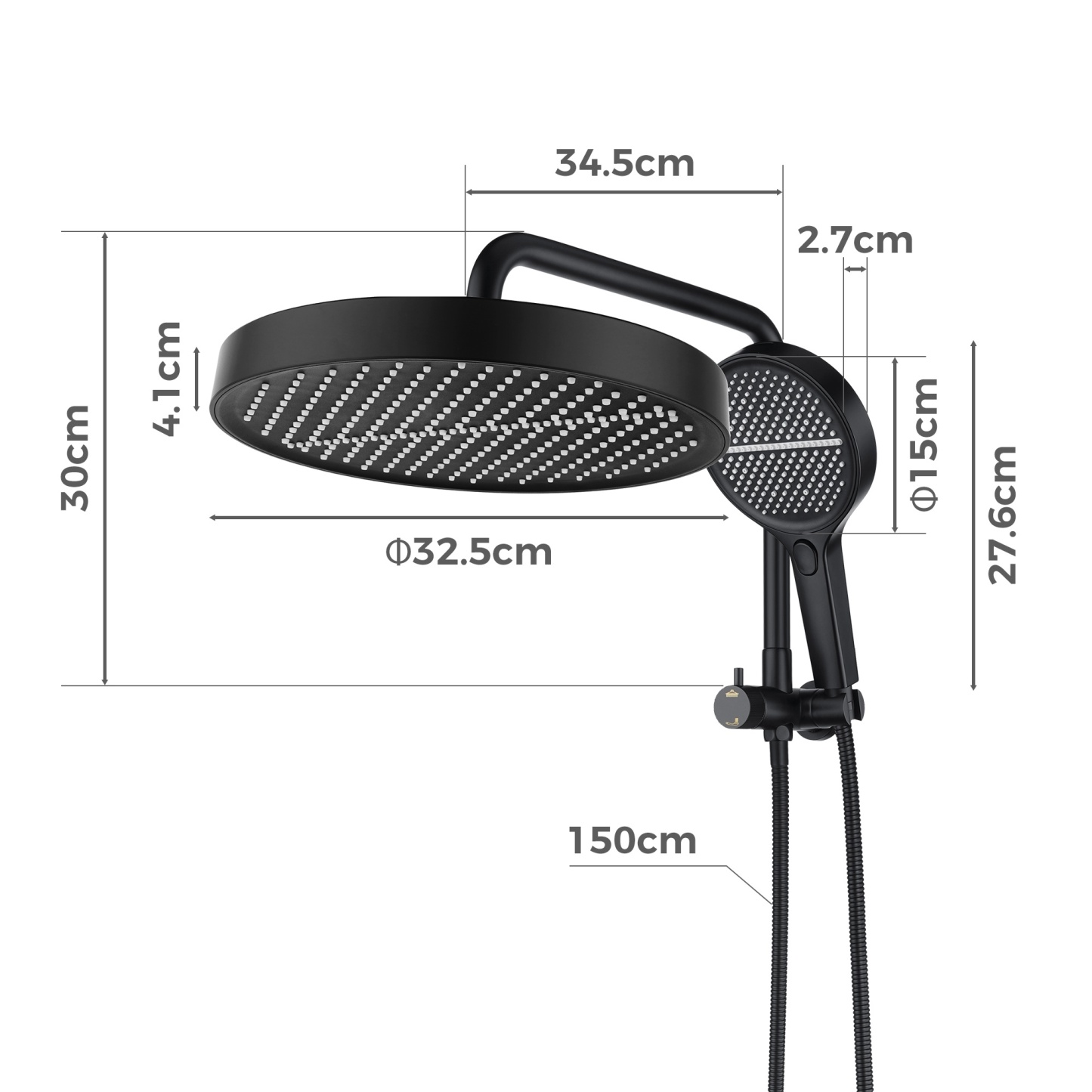 13'' Round Bathroom Rainfall Shower Head Set Gooseneck Shower Arm Diverter 4 Function High Pressure Handheld Shower Head Rose Chrome/Black