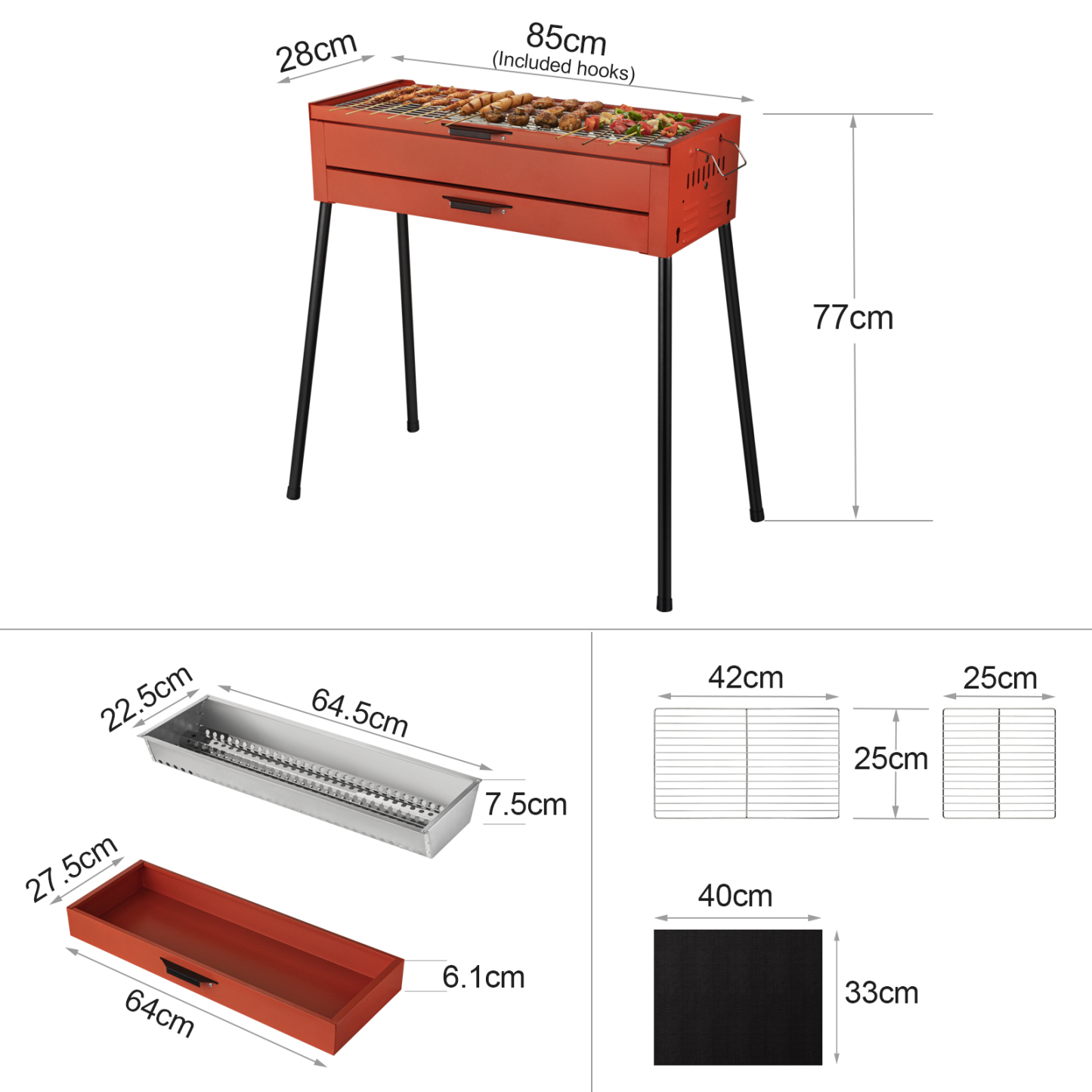 Portable Stainless Steel Charcoal Barbecue BBQ Grill Portable Outdoor Camping Picnic Smoker 85x28x77cm