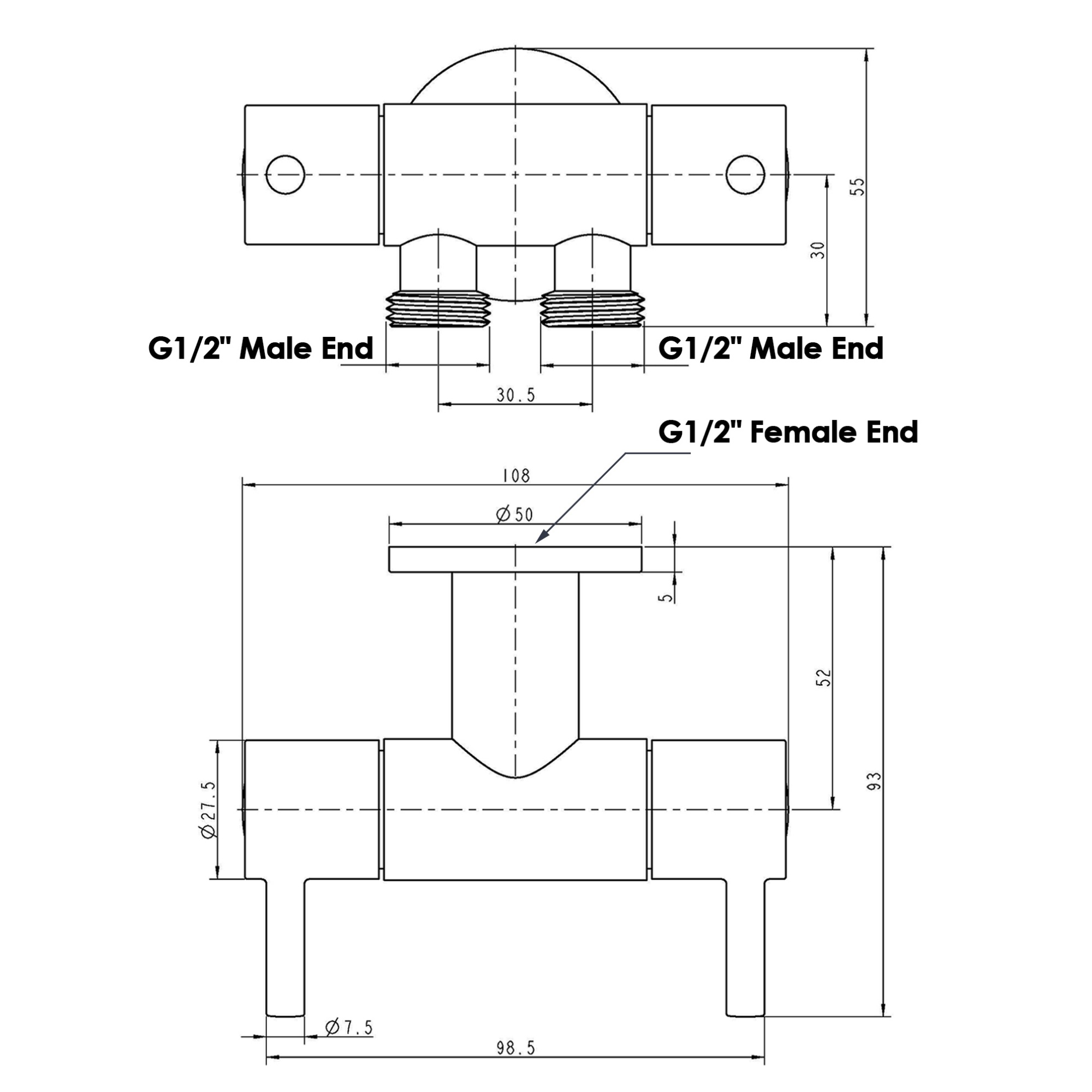 Brass Wall Mounted Dual Water Flow Control Bathroom Toilet Bidet Cistern Valve Stop Adapter Chrome/Black