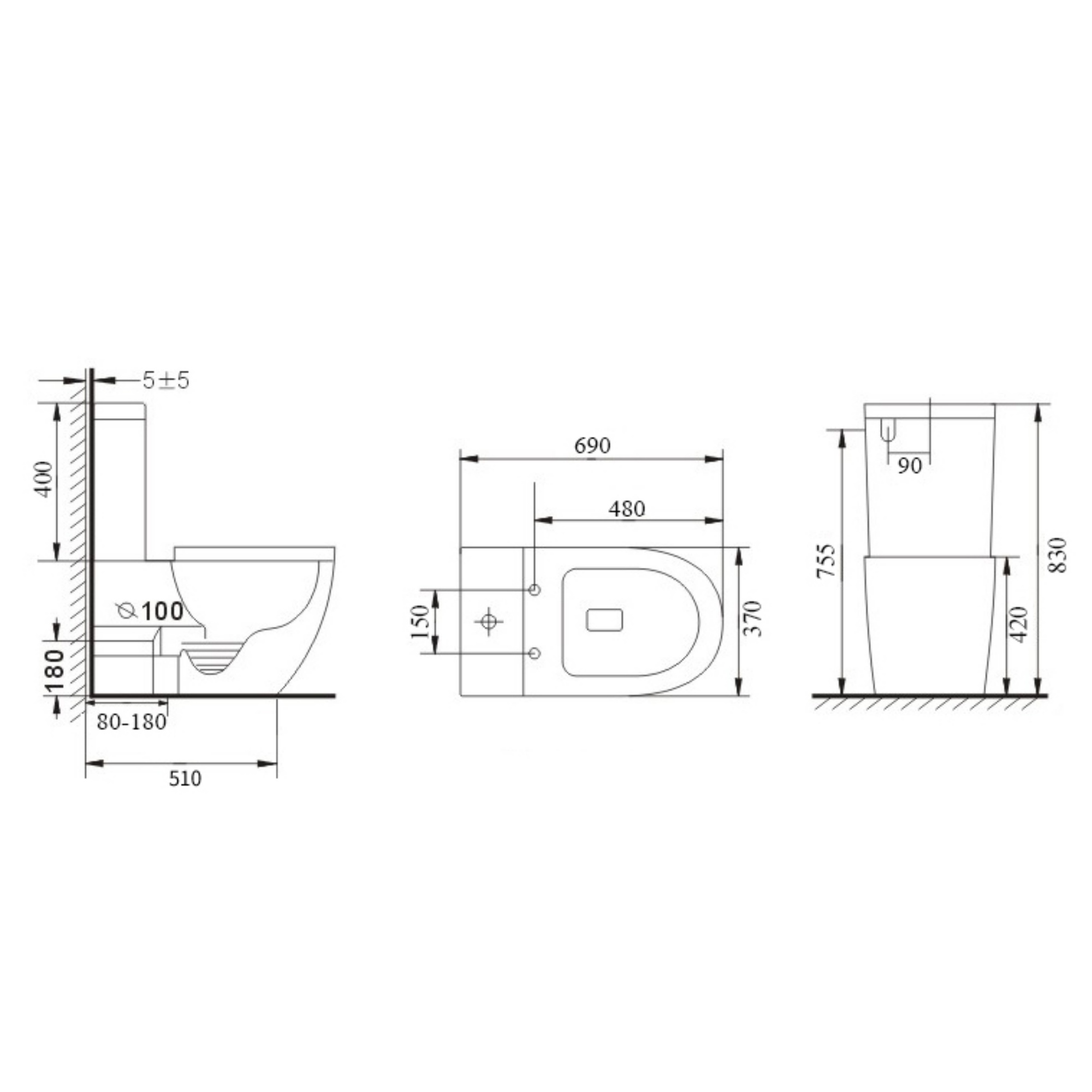Ceramic Tornado Rimless Wall Faced Toilet Suite Bathroom Hygiene Dual Flush Soft Close Seat Black/White