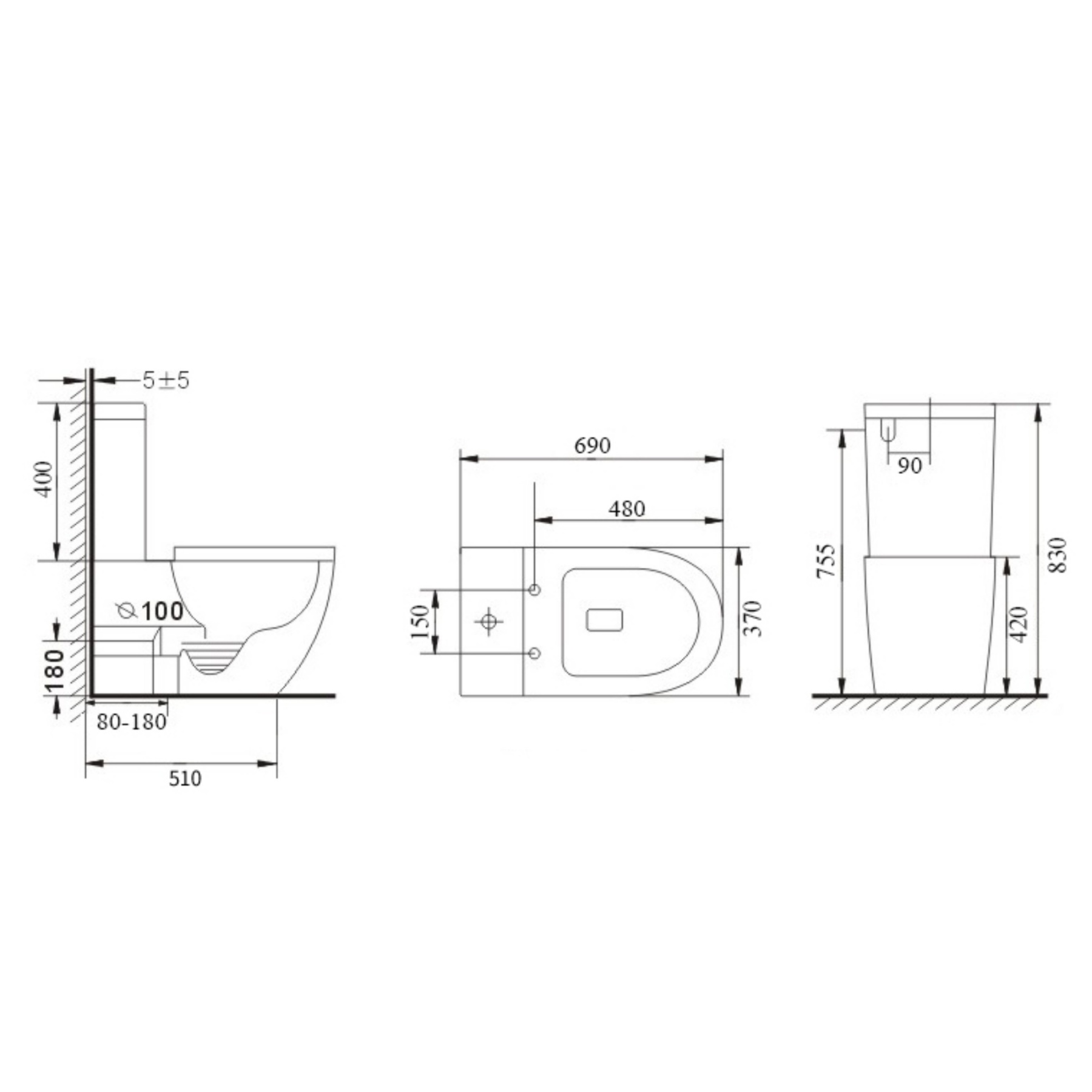 Ceramic Tornado Rimless Wall Faced Toilet Suite Bathroom Hygiene Dual Flush Soft Close Seat Black/White
