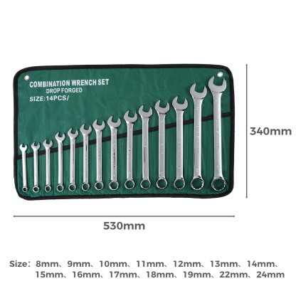 14PCs Dual Purpose Spanner Set Combination Ring Open End Wrench Hand Tool Kit