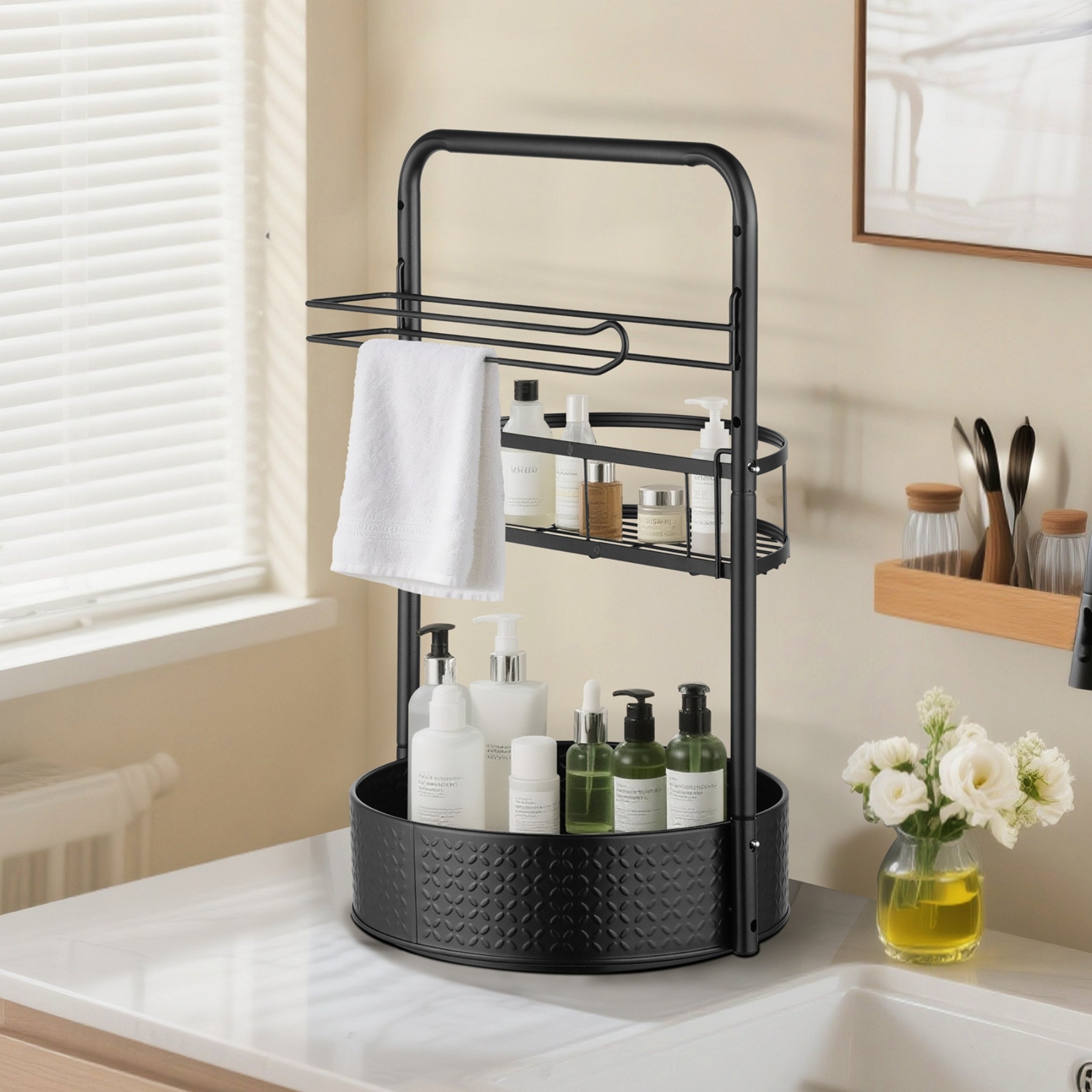 2 Tier Kitchen Rotating Spice Seasoning Lazy Susan Organizer Rack Paper Hanger Black Bathroom Cosmetics Lotion Storage Towel Holder