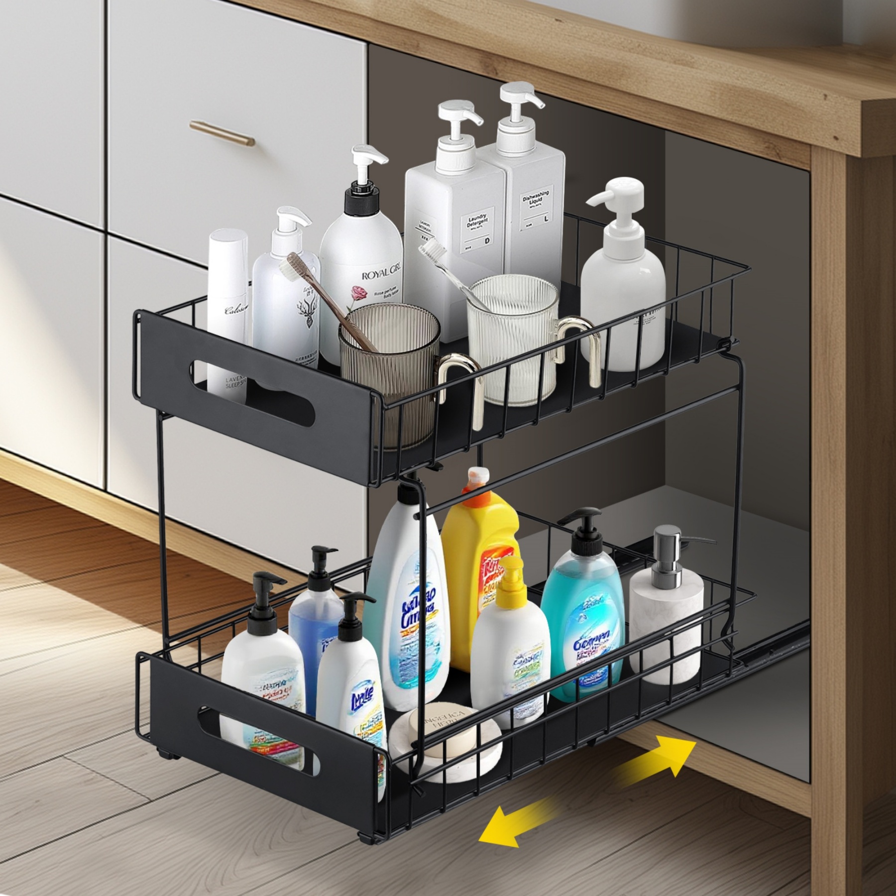 2 Tier Pull-Out Under Sink Organizer Rack Kitchen Bathroom Essentials Storage Pull-Out Cabinet Drawer Black