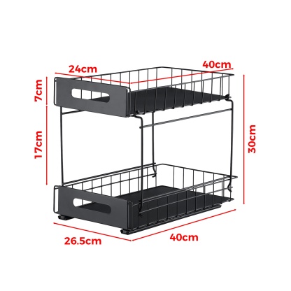 2 Tier Pull-Out Under Sink Organizer Rack Kitchen Bathroom Essentials Storage Pull-Out Cabinet Drawer Black