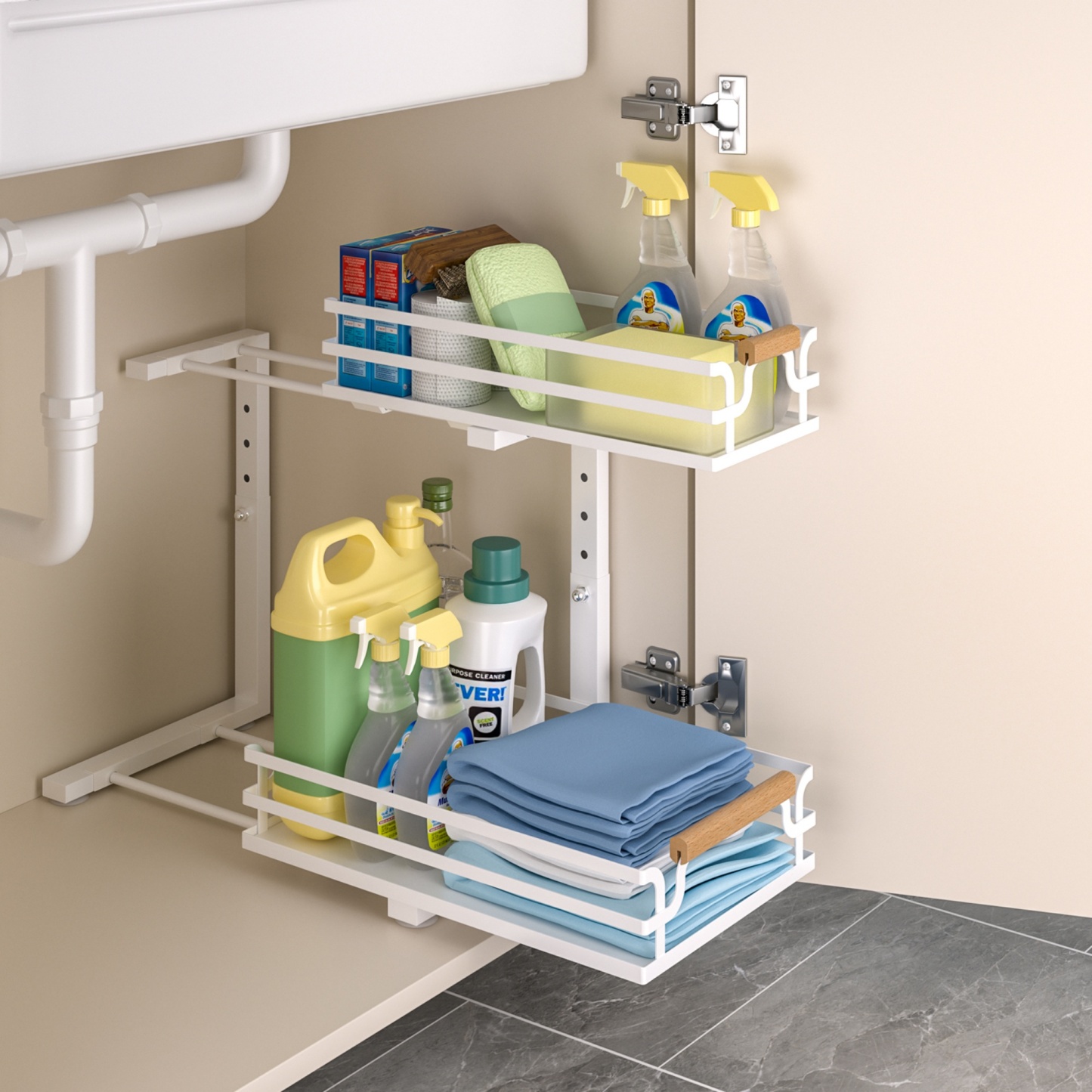 2 Tier Adjustable Height Slide-Out Under Sink Organizer Rack Kitchen Cabinet Bathroom Storage Shelf Holder White/Black