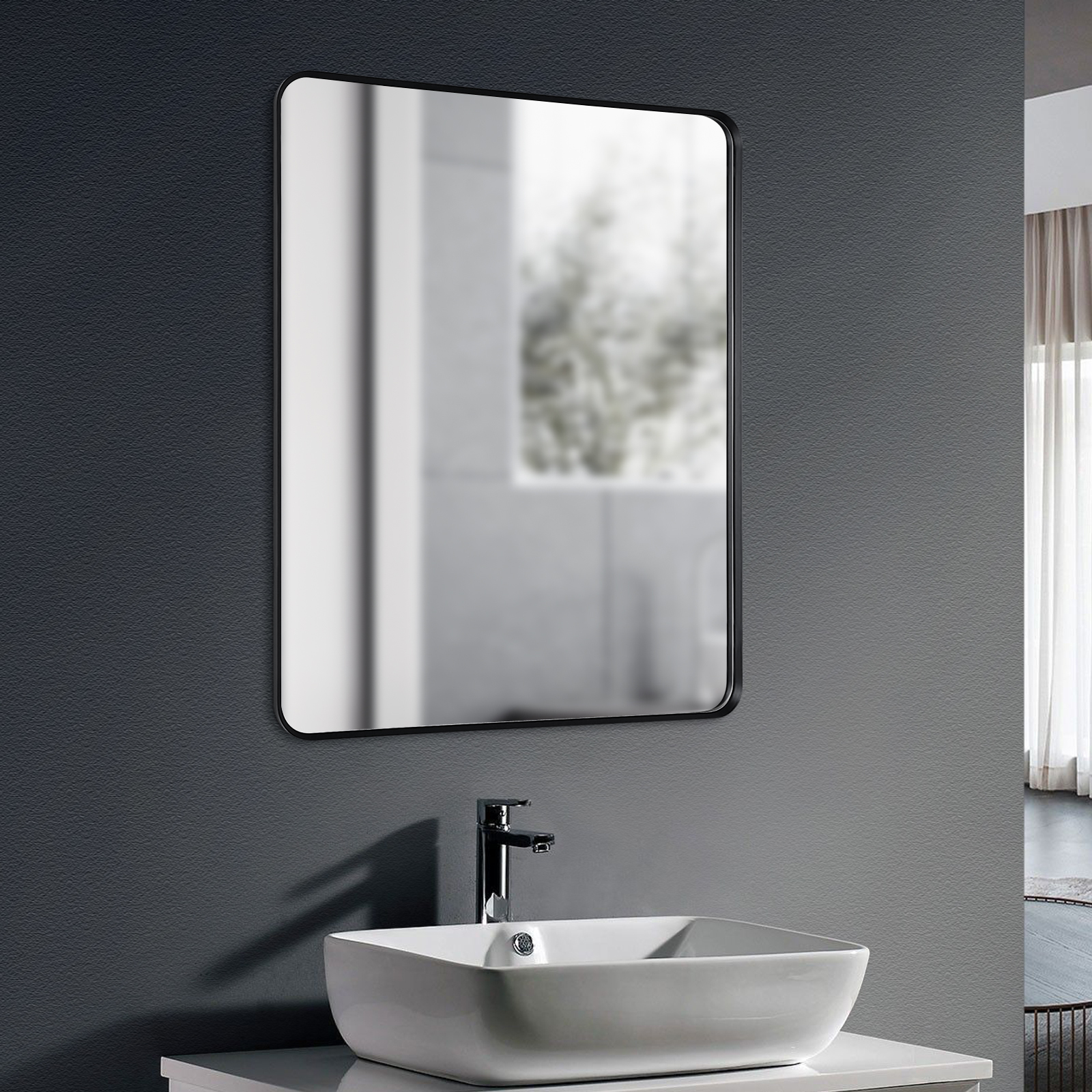 900*750mm Bedroom Matt Black Framed Aluminium Wall Mounted Vanity Mirror Decor Bracket Make up Mirror