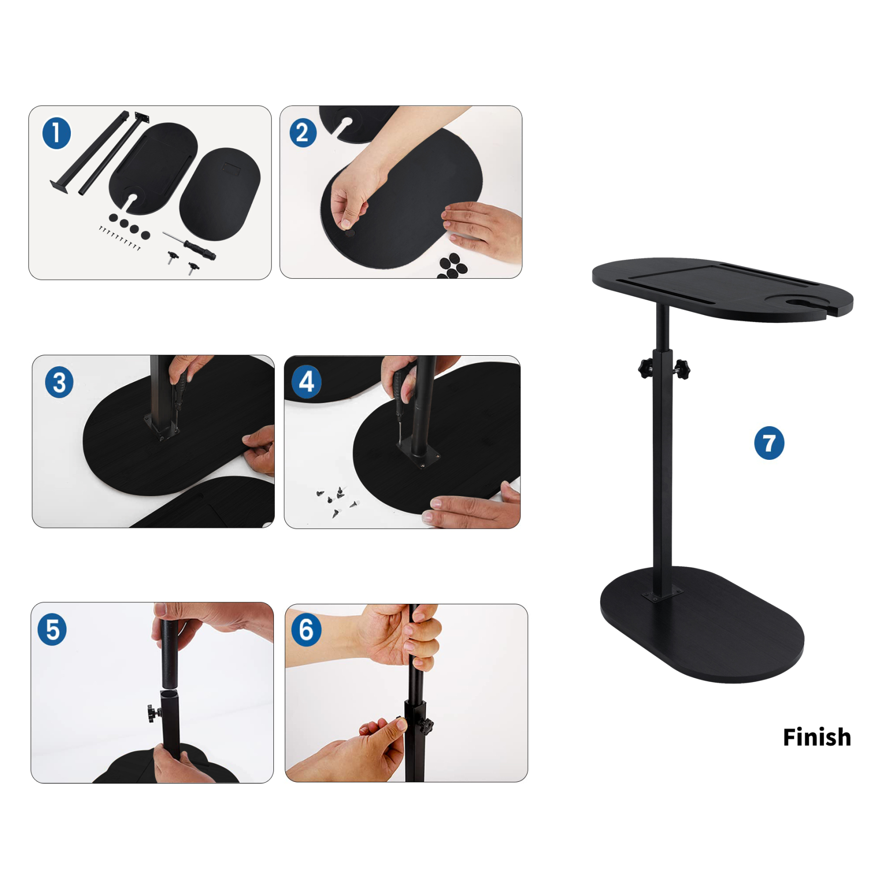 Bamboo Black Bath Tub Caddy C Shape Side End Table Height Adjustable Coffee Tray Rotating Wine Glass Phone Holder