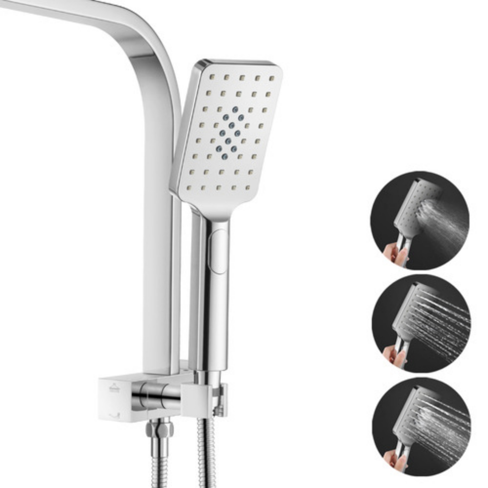 200mm 8'' Square Rainfall Shower Head Set Bathroom Twin Shower Handheld Diverter 3 Function Handheld Shower Head Gooseneck Shower Arm Chrome/Black/Gunmetal Grey