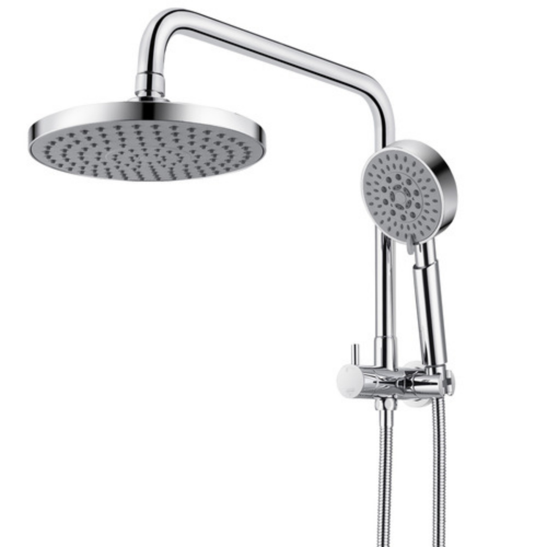 Chrome Rainfall Twin Shower Set Round 4 Function Spray Handheld Shower Head Gooseneck Arm Diverter Set