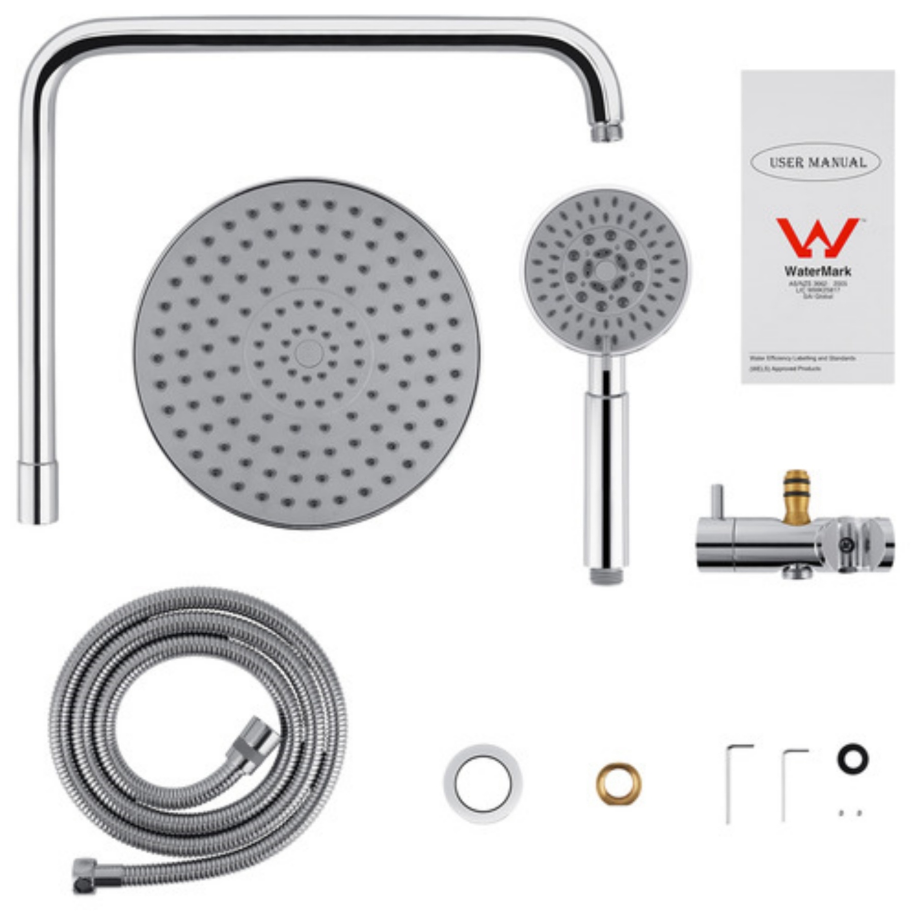 Chrome Rainfall Twin Shower Set Round 4 Function Spray Handheld Shower Head Gooseneck Arm Diverter Set
