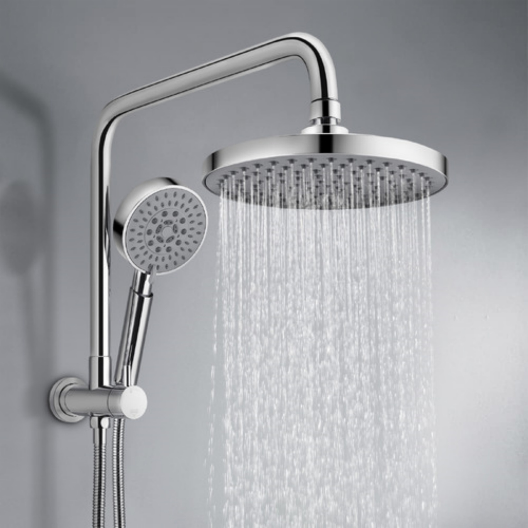 Chrome Rainfall Twin Shower Set Round 4 Function Spray Handheld Shower Head Gooseneck Arm Diverter Set