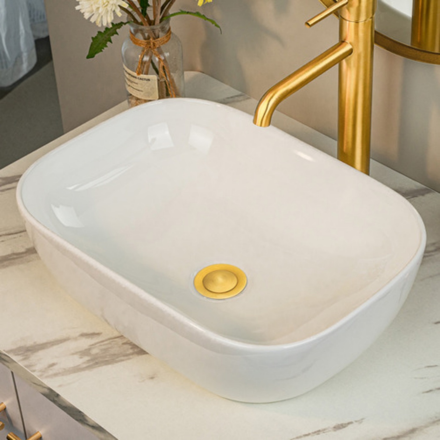 Bathroom Above Counter Top Rectangular Ceramic Basin Hand Wash Bowl Vanity Gloss White