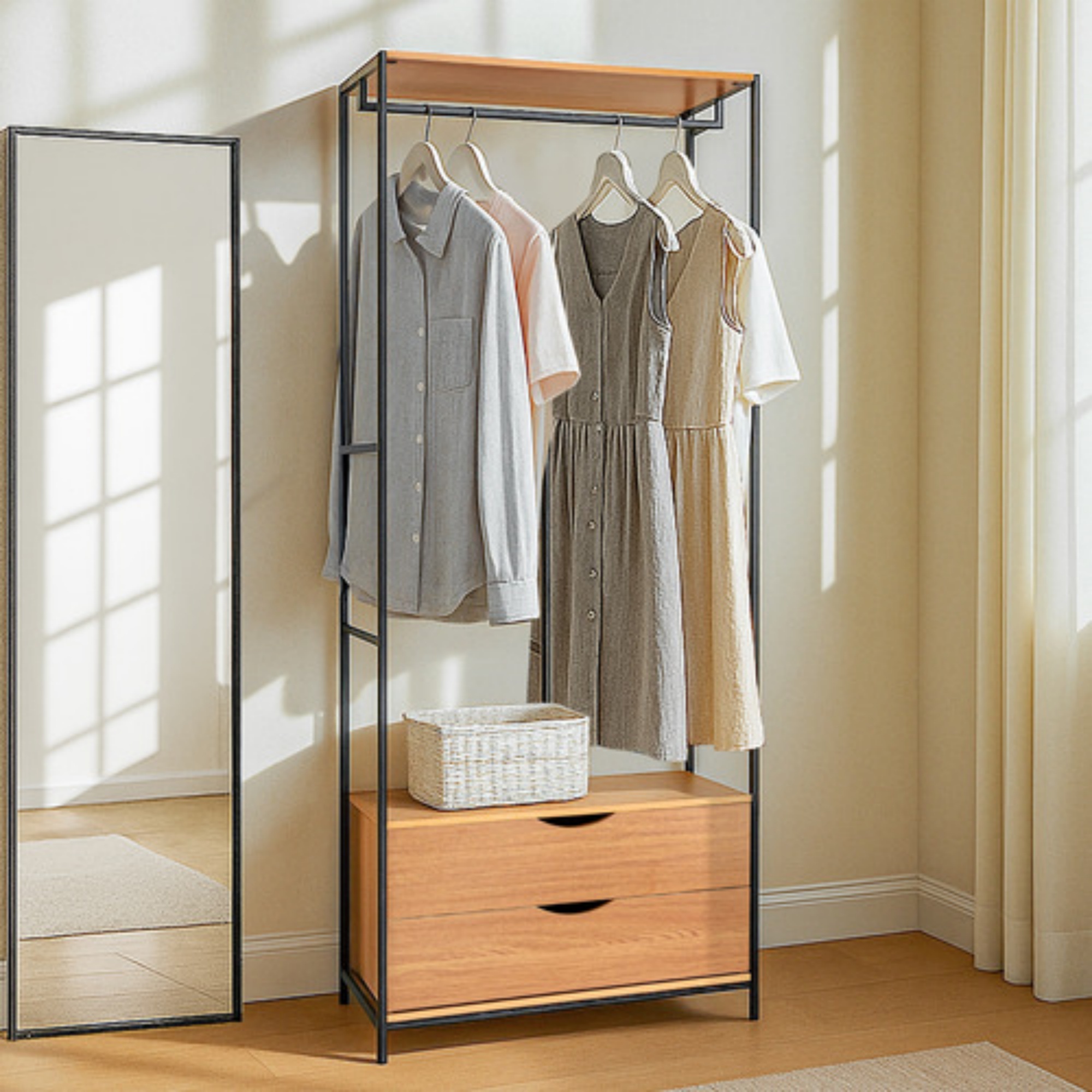 2 Drawer Cabinet Open Wardrobe Clothes Storage Organizer Coat Garment Hanger Rail Rack