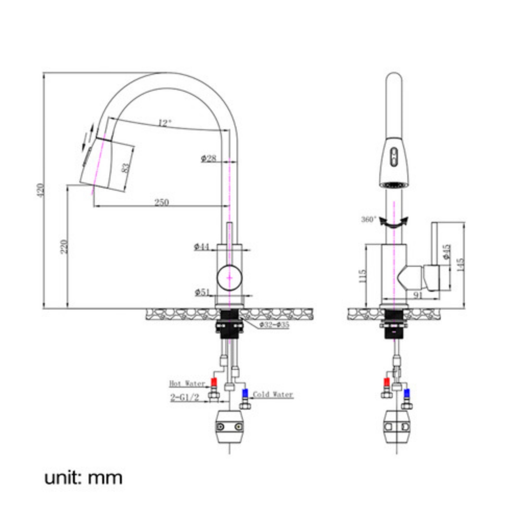 2 Functions Chrome Pull Out Kitchen Sink Basin Mixer Tap Brass 360° Swivel Spout Kitchen Faucet WELS