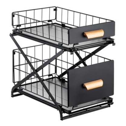 2 Tiers Slide-Out Kitchen Storage Rack Spice Jar Basket Adjustable Bathroom Cabinet Under Sink Organizer Shelf White / Black