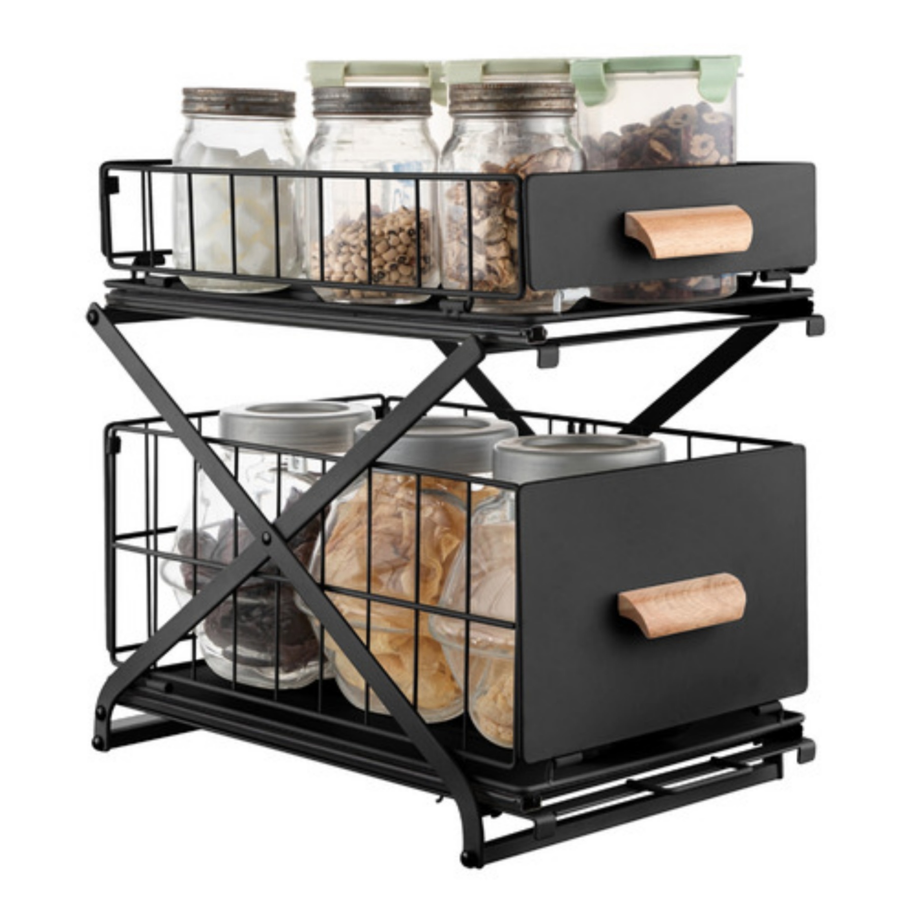 2 Tiers Slide-Out Kitchen Storage Rack Spice Jar Basket Adjustable Bathroom Cabinet Under Sink Organizer Shelf White / Black