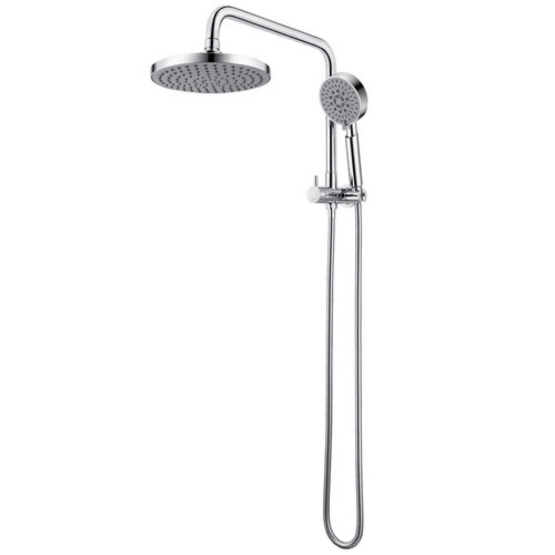 Chrome Rainfall Twin Shower Set Round 4 Function Spray Handheld Shower Head Gooseneck Arm Diverter Set