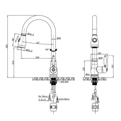 Round Pull-Out Kitchen Laundry Sink Mixer Tap 2 Function Spray 360° Swivel Faucet Chrome/Black