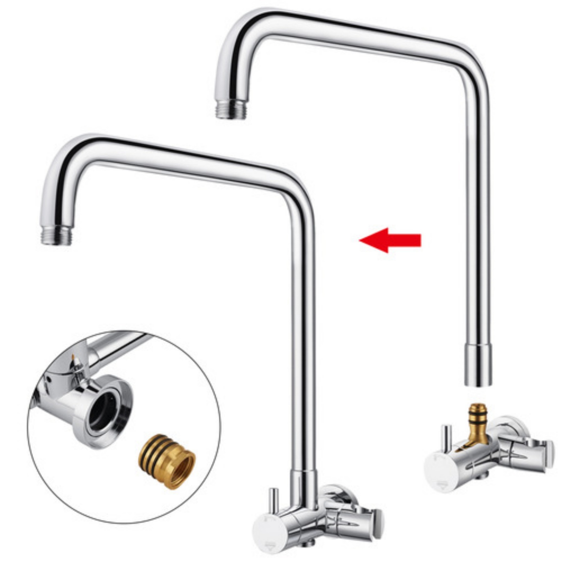 Chrome Twin Rail Shower Body Round Gooseneck Shower Wall Arm 1.5m Water Hose
