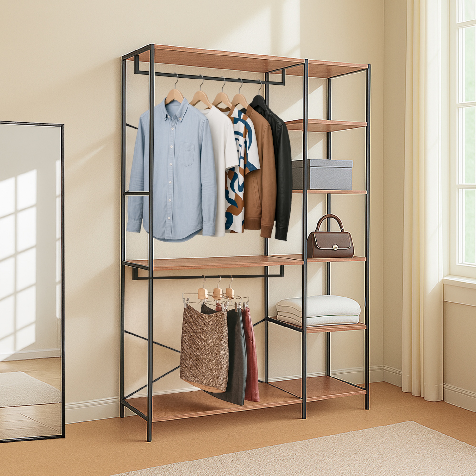 7 Shelf Open Wardrobe Clothes Storage Organizer Stand Closet Coat Garment Hanger Rail Rack Bag Shoes Holder