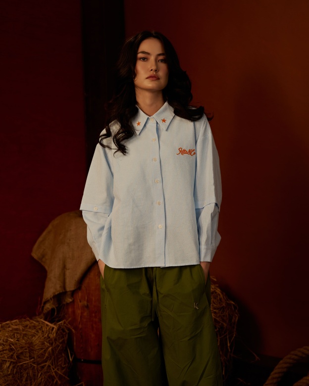 Boxy Detachable-Sleeves Striped Shirt