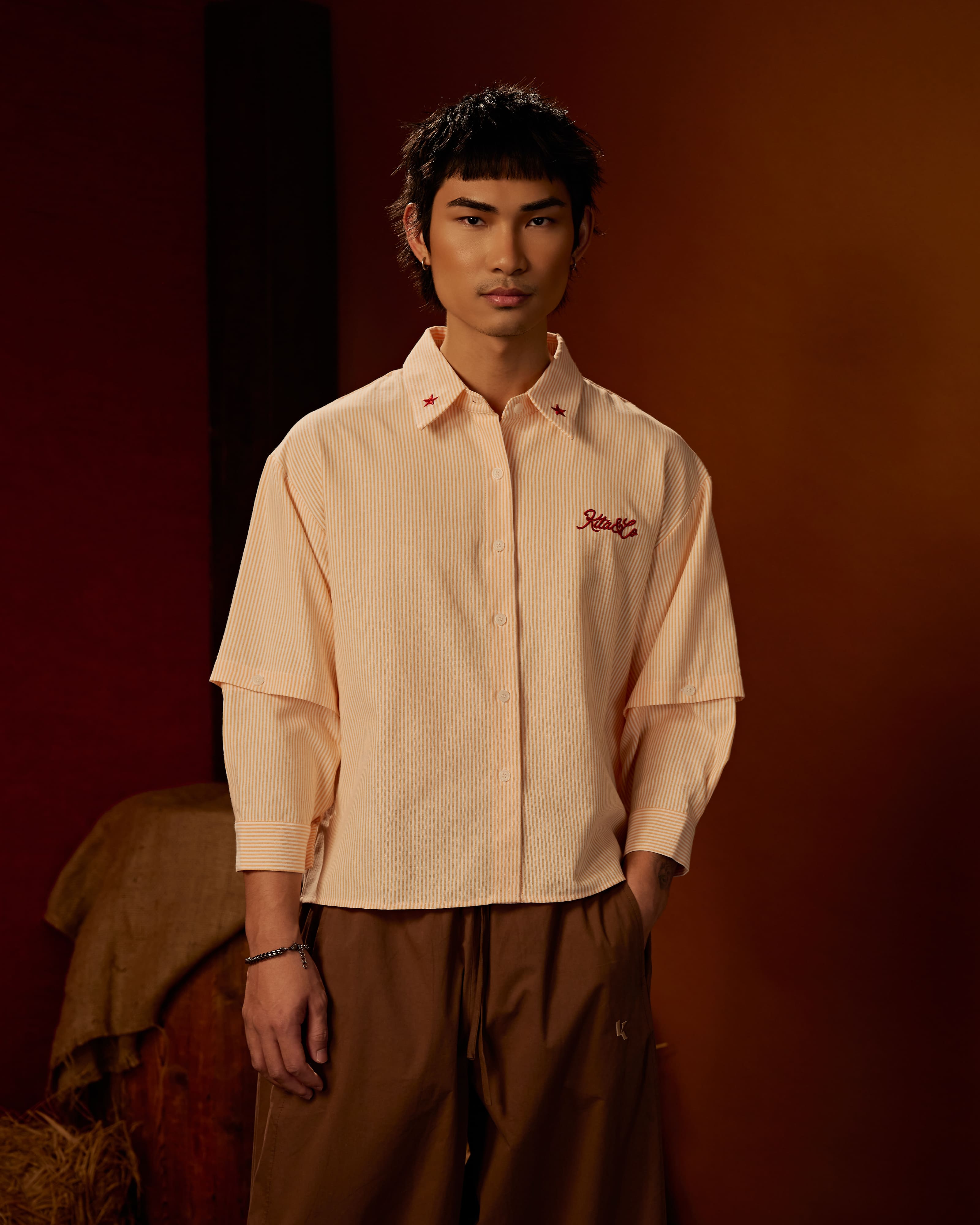 Boxy Detachable-Sleeves Striped Shirt