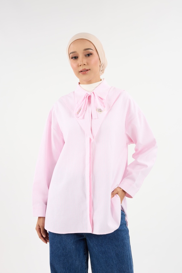 Harmoni Baby Pink Striped Linen Shirt