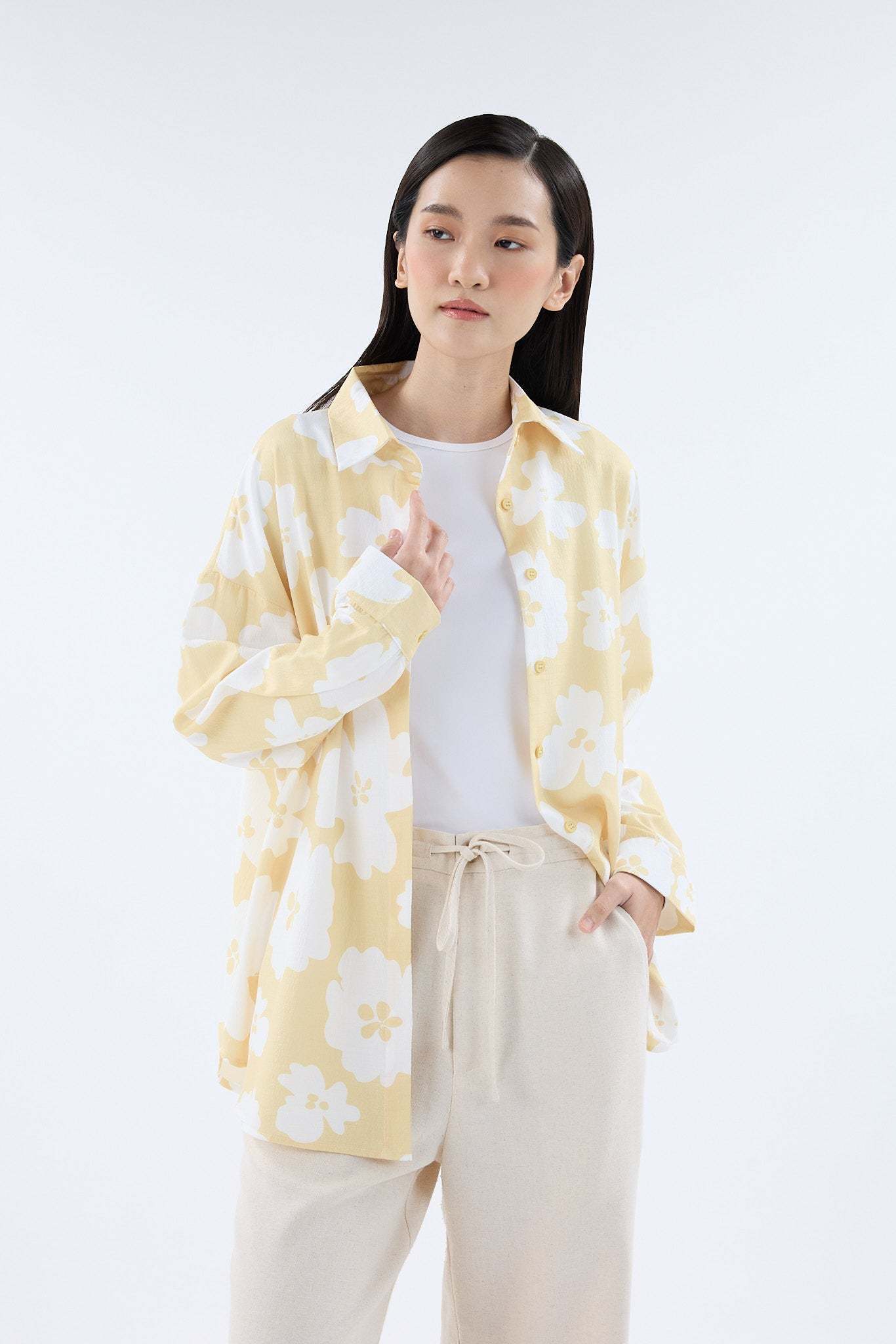 Fiora Butter Yellow Printed Oversized Shirt