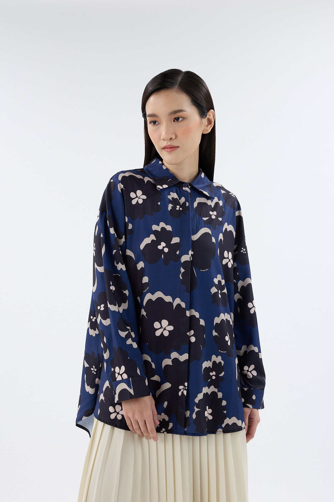 Fiora Navy Blue Printed Oversized Shirt
