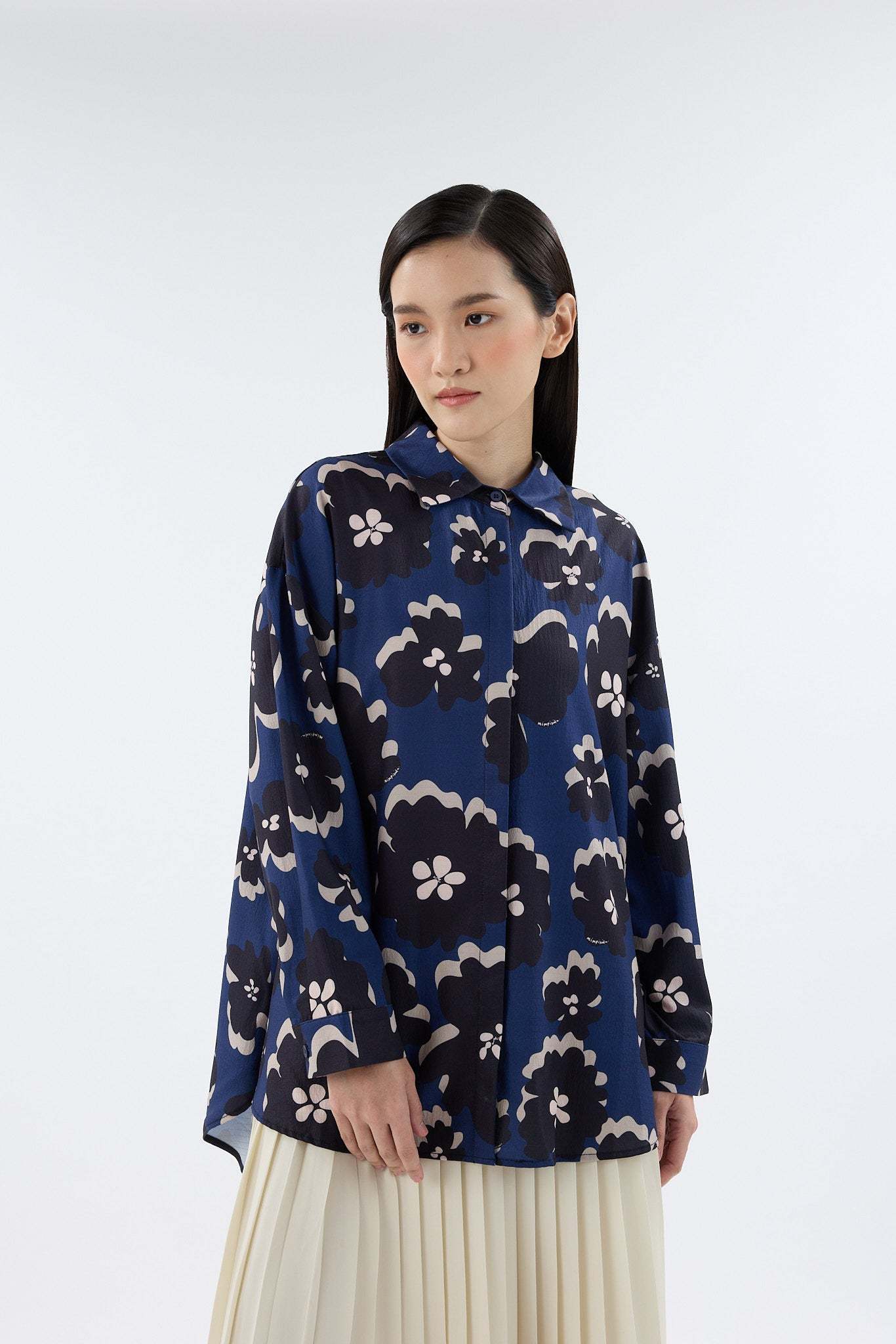 Fiora Navy Blue Printed Oversized Shirt
