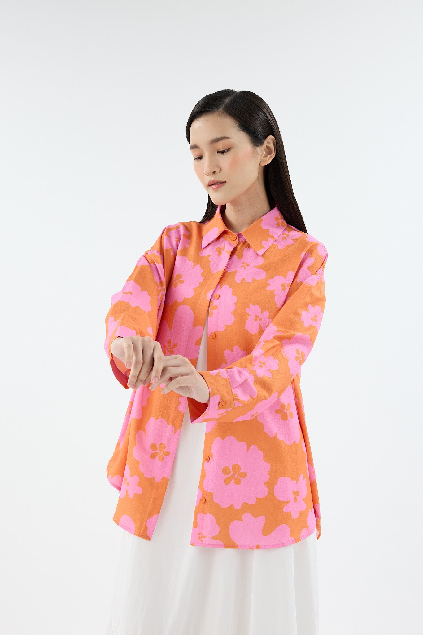 Fiora Orange Printed Oversized Shirt
